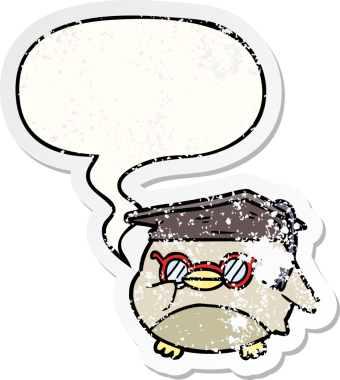 Çizgi film zeki yaşlı baykuş konuşma baloncuğu bir insan tarafından çizilmiş sıkıntılı eski bir çıkartma