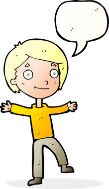 Bir insan tarafından çizilmiş konuşma balonu olan heyecanlı bir çocuk.