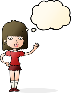 Bir insan tarafından çizilmiş düşünce baloncuğuyla el sallayan çizgi film kadını.