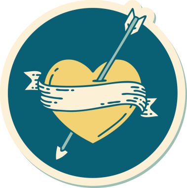 Bir insan tarafından çizilmiş ok kalp ve pankartın geleneksel stiliyle dövme çıkartması.