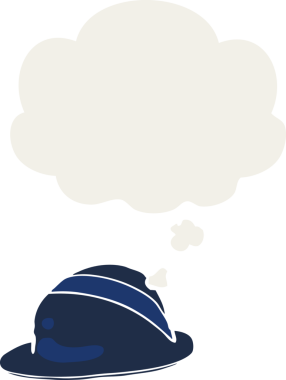 Düşünce baloncuklu çizgi film melon şapkası bir insan tarafından çizilmiş.