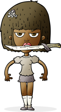 Bir insan tarafından çizilmiş, dişlerinin arasında bıçak olan çizgi film kadını.