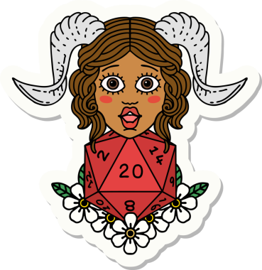 Bir insan tarafından çizilmiş doğal yirmi zarla yapıştırılmış bir etiket.