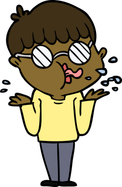 Gözlüklü çizgi film çocuğu bir insan tarafından çizilmiş omuz silkiyor.