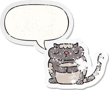 Konuşma baloncuğu olan sevimli çizgi film kedisi bir insan tarafından çizilmiş sıkıntılı eski bir çıkartma