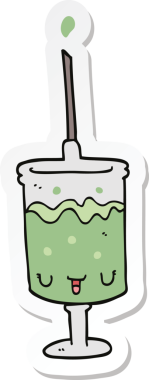 Bir insan tarafından çizilmiş karikatür şırıngasının etiketi.