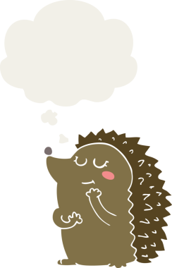 Düşünce baloncuğu insan tarafından çizilmiş şirin bir kirpi çizgi filmi.