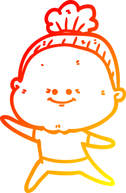 Bir insan tarafından çizilmiş mutlu, yaşlı bir kadının sıcak çizgi çizimi.