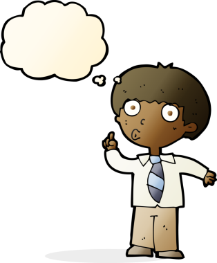 Bir insan tarafından çizilmiş düşünce baloncuğuyla ilgili soru soran bir okul çocuğu.