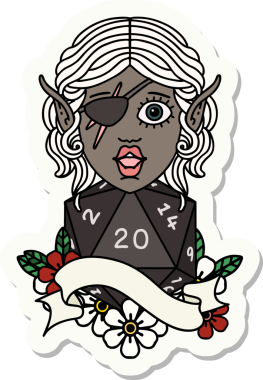 Bir insan tarafından çizilmiş doğal yirmi zarlı düzenbaz bir elf karakterinin çıkartması.