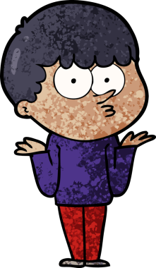 Çizgi film meraklısı çocuk bir insan tarafından çizilmiş omuzlarını silkiyor.