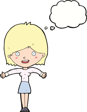 Bir insan tarafından çizilmiş düşünce baloncuğu olan heyecanlı bir kadın.