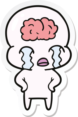 Bir çizgi film çıkartması. Bir insan tarafından çizilmiş büyük beyinli uzaylı ağlaması.