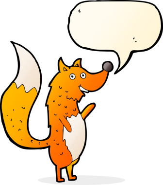 Bir insan tarafından çizilmiş konuşma balonlu tilki sallayan çizgi film.