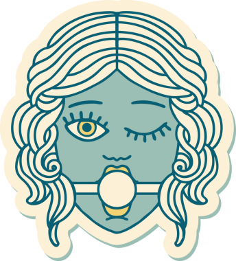 Geleneksel bir dövme stili. Göz kırpan kadın yüzü. Bir insan tarafından çizilmiş top şakası.