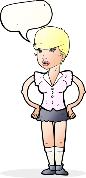 Bir insan tarafından çizilmiş konuşma balonlu elleri olan çizgi film kadını.