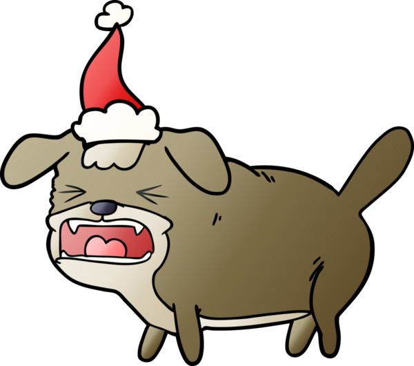 Bir insan tarafından çizilmiş Noel Baba şapkası giymiş bir köpeğin el çizimi karikatürü.