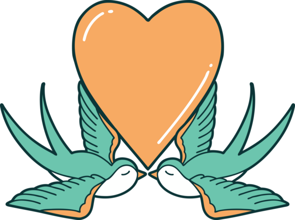 Kırlangıçların ikonik dövme şekli ve bir insan tarafından çizilmiş bir kalp.