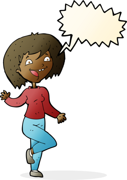 Bir insan tarafından çizilmiş konuşma balonlu gülen kadın.