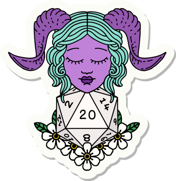 Bir insan tarafından çizilmiş doğal yirmi zarla yapıştırılmış bir etiket.