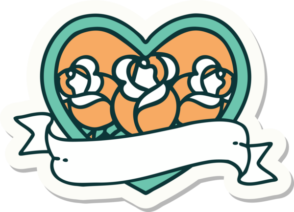 Geleneksel kalp stili dövme çıkartması ve bir insan tarafından çizilmiş çiçekli pankart.