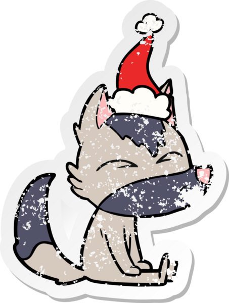 Bir insan tarafından çizilmiş Noel Baba şapkasıyla ıslık çalan bir kurt resmi.