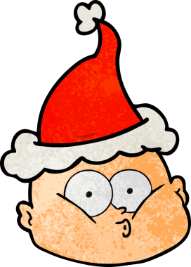 Bir insan tarafından çizilmiş Noel Baba şapkası giyen meraklı kel bir adamın el çizimi karikatürü.