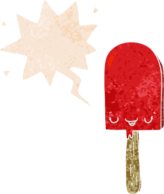 bir insan tarafından çizilmiş grunge sıkıntılı retro stil konuşma balonu ile çizgi film buz lolipopu