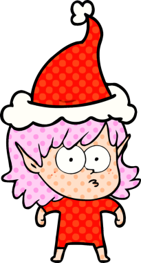 Bir insan tarafından çizilmiş Noel Baba şapkası giymiş bir elf kızının el çizimi çizgi roman tasviri.