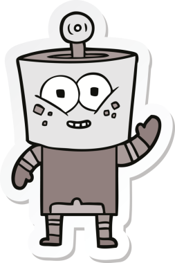 Bir insan tarafından çizilmiş mutlu bir robot robot el sallıyor.