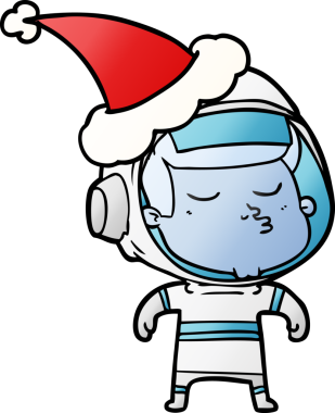 Bir insan tarafından çizilmiş Noel Baba şapkası giyen kendinden emin bir astronotun el çizimi çizimi.