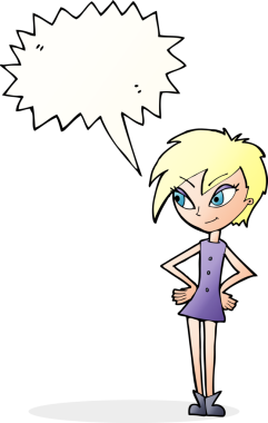 Bir insan tarafından çizilmiş konuşma balonlu elleri olan çizgi film kızı.