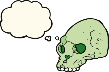 Bir insan tarafından çizilmiş düşünce baloncuklu garip kafatası.