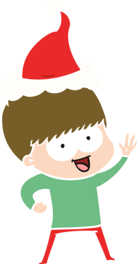 Bir insan tarafından çizilmiş Noel Baba şapkası giyen bir çocuğun çizilmiş mutlu el çizimi düz renk çizimi.