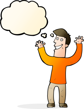 Bir insan tarafından çizilmiş düşünce baloncuğu ile heyecanlı bir adam.