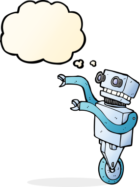 Bir insan tarafından çizilmiş düşünce baloncuklu komik robot.