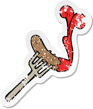 Çizgi film sosislisi çıkartması ve bir insan tarafından çizilmiş ketçap.