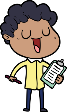 Bir insan tarafından çizilmiş pano ve kalemle gülen bir karikatür adamı.