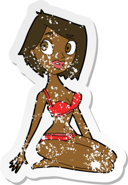 Bir insan tarafından çizilmiş iç çamaşırlı güzel bir kadın çizgi film çıkartması.