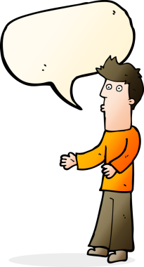 Bir insan tarafından çizilen konuşma baloncuğuyla açıklama yapan çizgi film adamı.