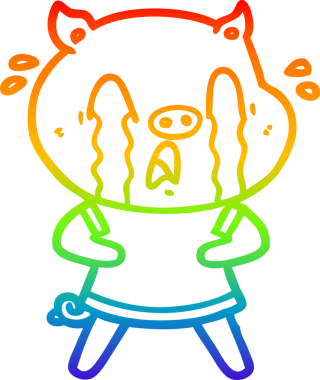 Gökkuşağı gradyan çizgisi, insan kıyafetleri giymiş ağlayan bir domuz çizgi filmi.