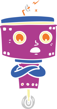 Bir insan tarafından çapraz kollu düz renkli çizgi film robotu