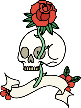 Geleneksel dövmeli kafatası ve bir insan tarafından çizilmiş gül.