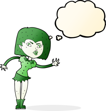 Bir insan tarafından çizilmiş düşünce balonlu vampir kız.