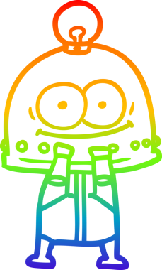 Gökkuşağı gradyan çizgisi mutlu bir karton robot çizimi ve bir insan tarafından çizilmiş ampul.