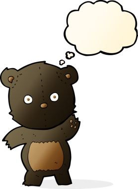 Bir insan tarafından çizilmiş düşünce baloncuğu olan sevimli çizgi film kara ayısı.