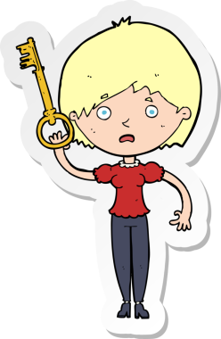 Bir insan tarafından çizilmiş anahtarı olan bir karikatür kadının çıkartması.