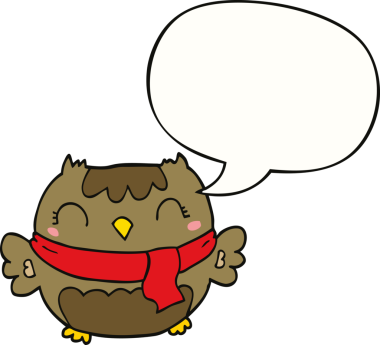 Bir insan tarafından çizilmiş konuşma baloncuğu olan sevimli çizgi film baykuşu.