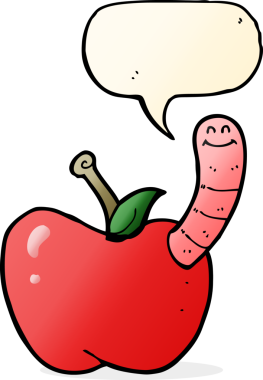 bir insan tarafından çizilmiş konuşma baloncuklu kurtlu çizgi film elması