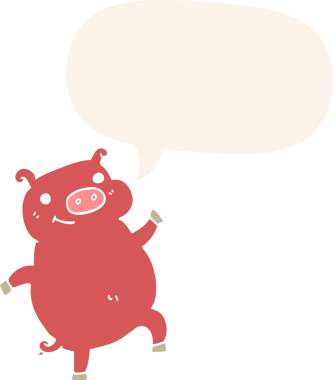 Bir insan tarafından çizilmiş, konuşma baloncuklu dans eden domuz.